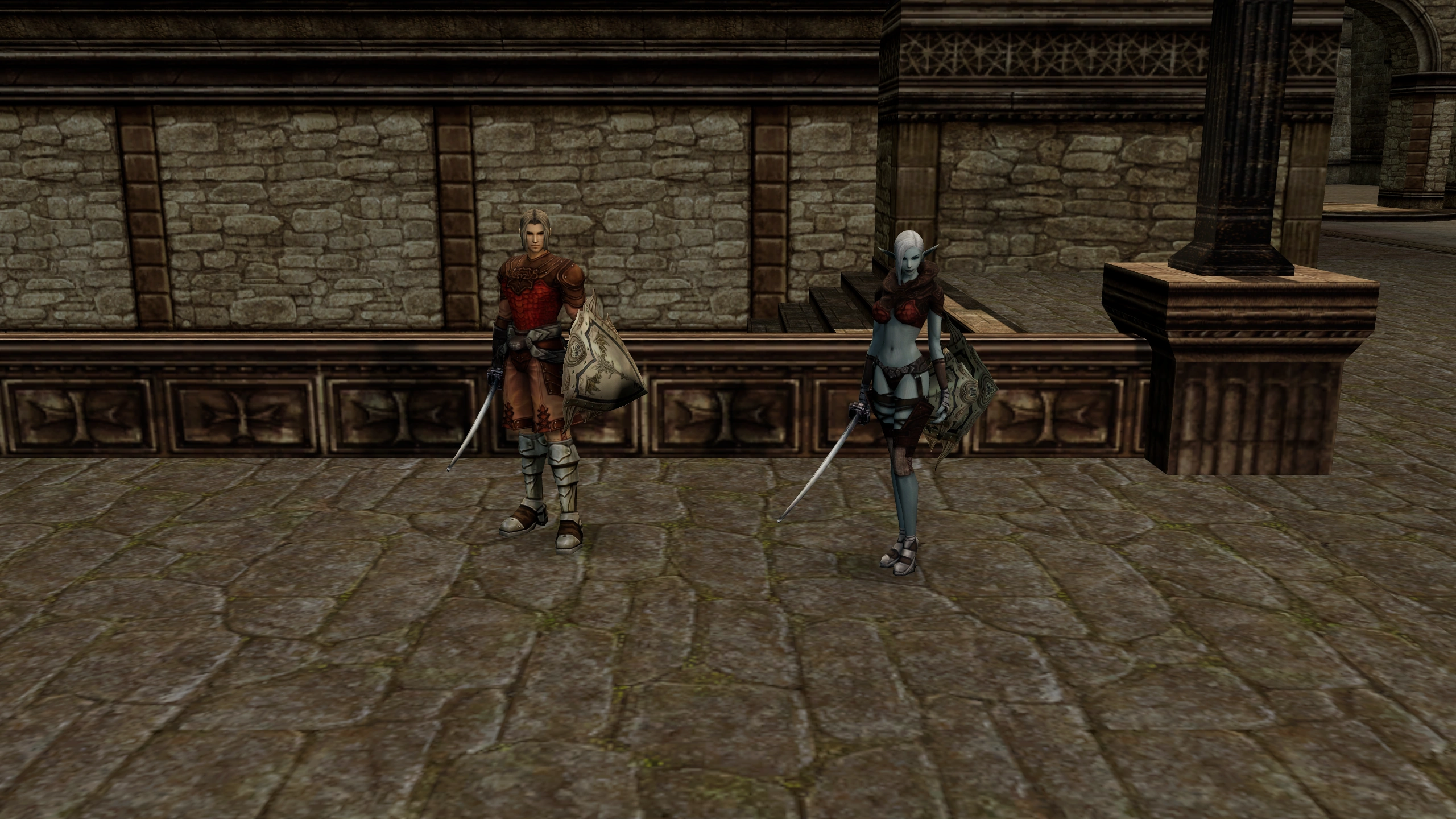 Paladin, Shillien Knight together in a scene rendered from native Chronicle 1 world and character assets.