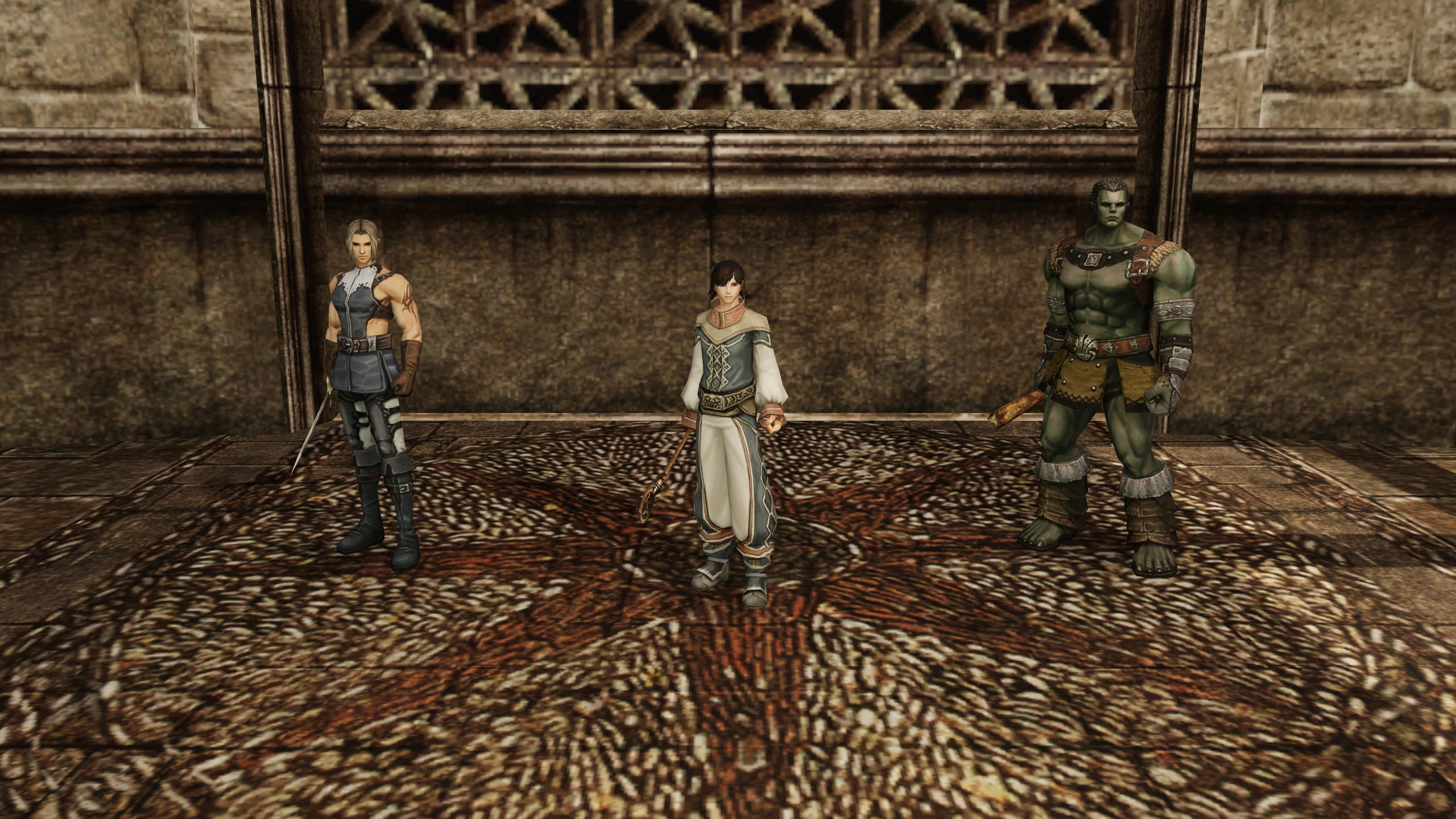 Human Fighter, Human Mystic, Orc Fighter together in a scene rendered from native Chronicle 1 world and character assets.