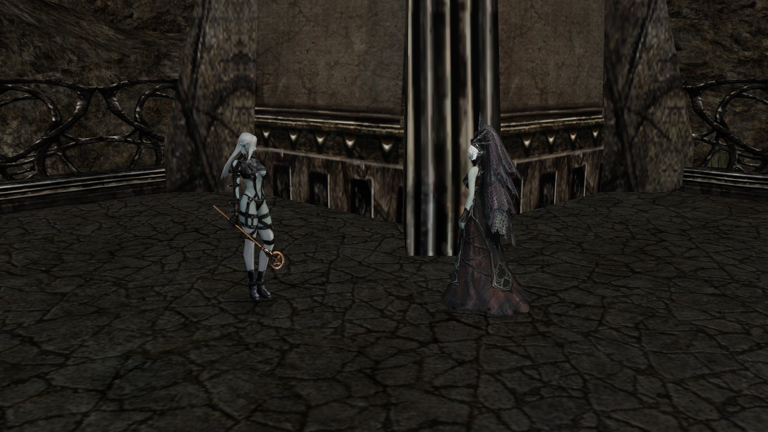 Dark Elven mystic meeting Jasmine in the native Chronicle 1 world.