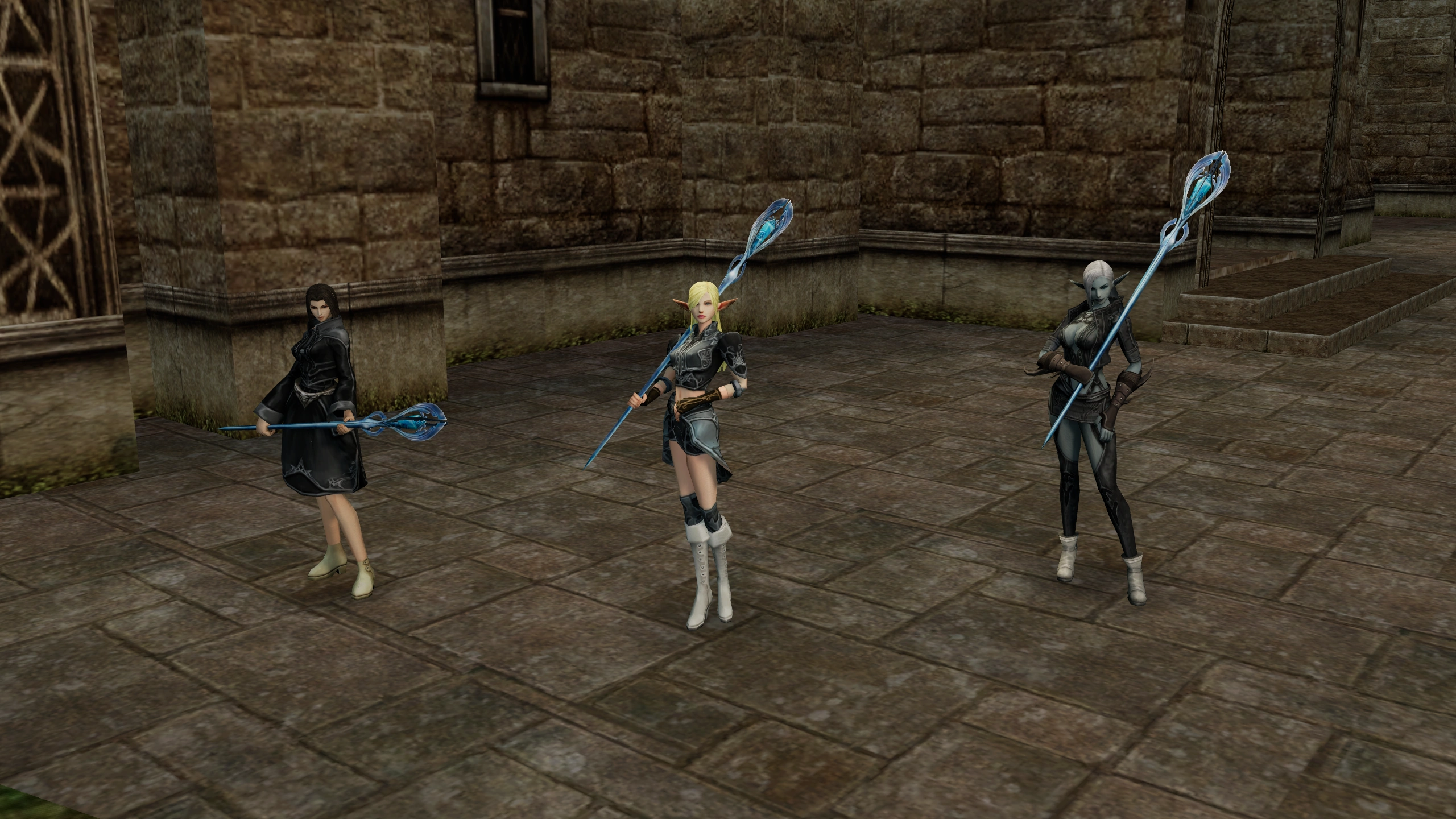 Bishop, Elven Elder, Shillien Elder together in a scene rendered from native Chronicle 1 world and character assets.