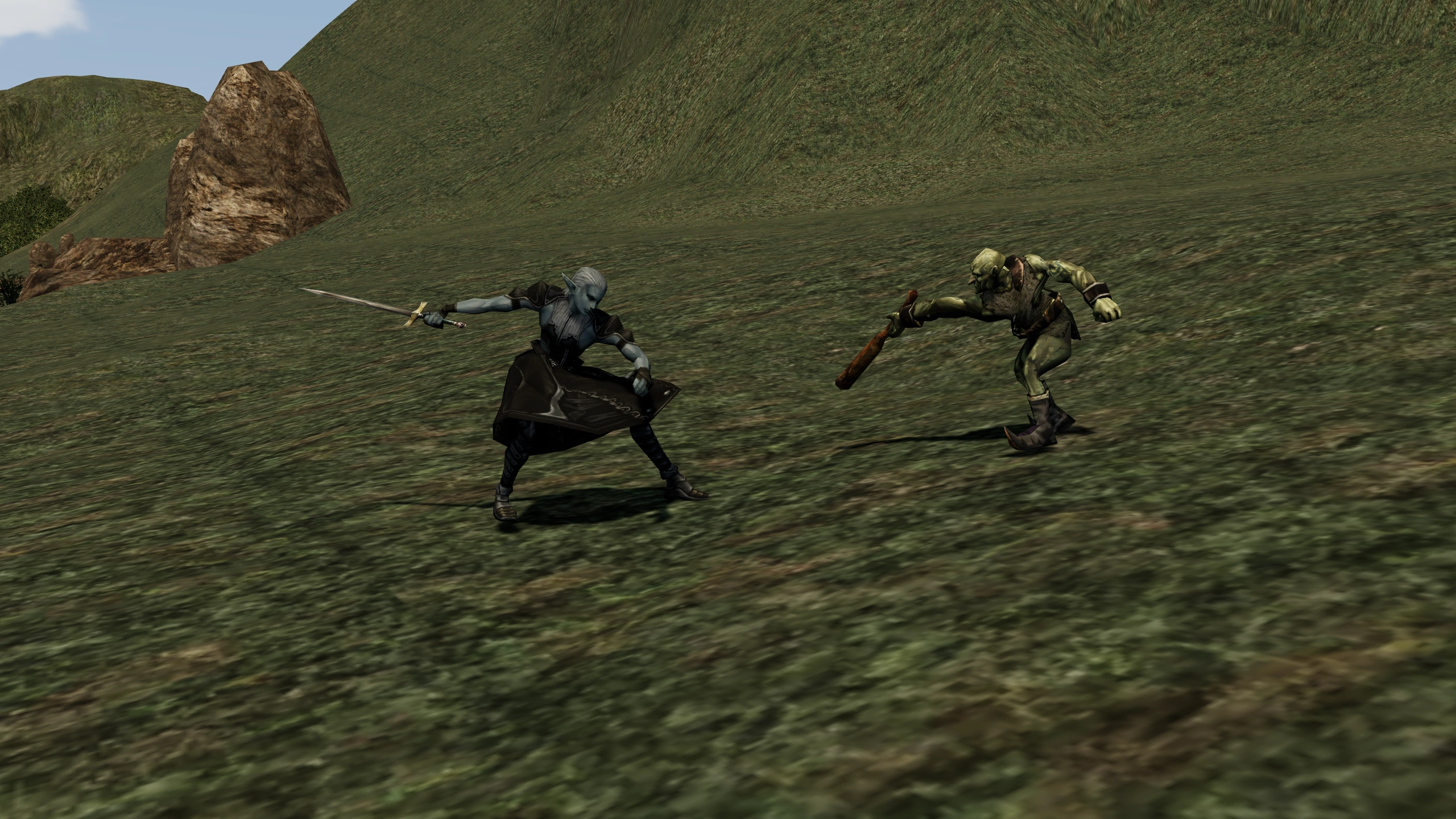 Dark Elven Fighter facing Goblin in its Chronicle 1 hunting area.