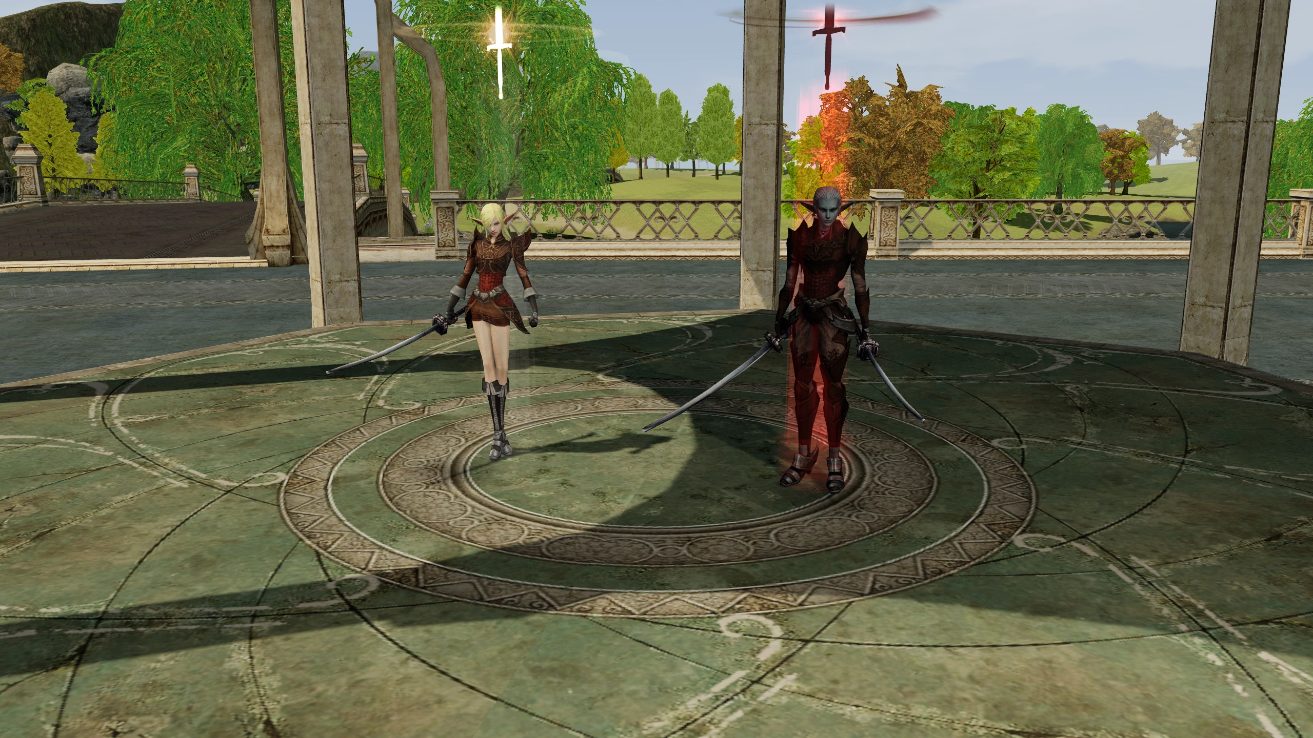 Swordsinger, Bladedancer together in a scene rendered from native Chronicle 1 world and character assets.